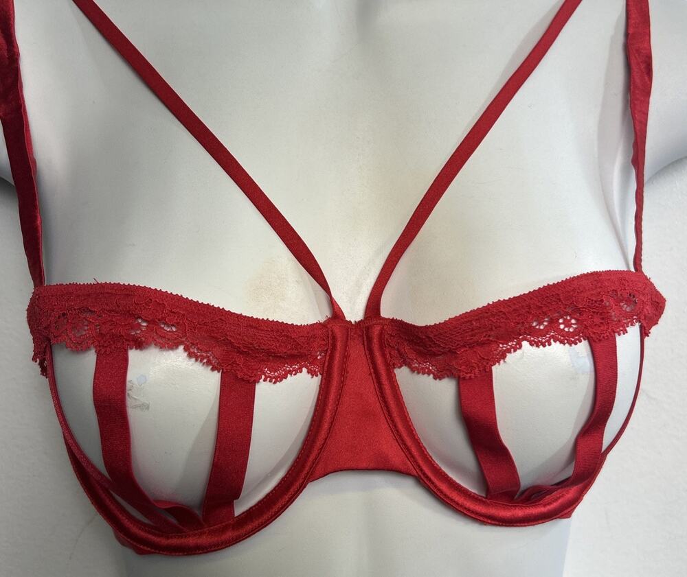 Victoria's Secret Very Sexy Balconette Bra 34C Red Unlined Cage Strappy Wired